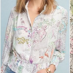 Anthropologie White Multicolor MAEVE Rosa Numbers Floral Animal Top Sz S